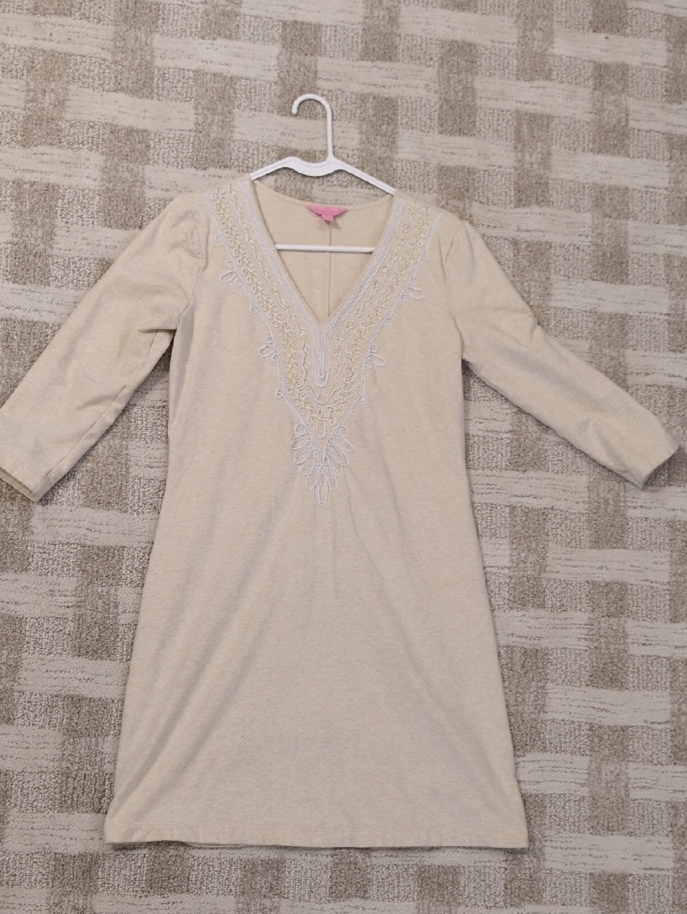 Lilly Pulitzer Clarkson Dress Cream Camel Embroidered 3/4 Sleeves Beachy M 🏖️